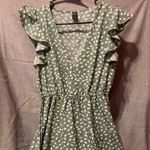 Womens Light Sage Green Dress with White Spots, EUC